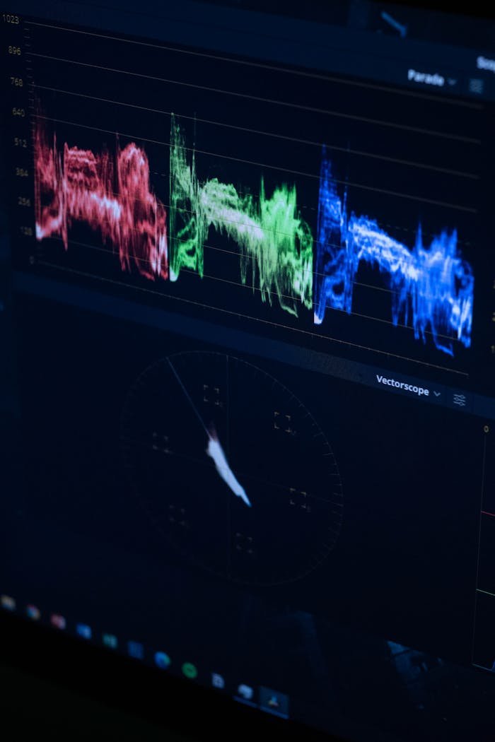 A close-up of a monitor showing color waveform and vectorscope visualization for video editing.