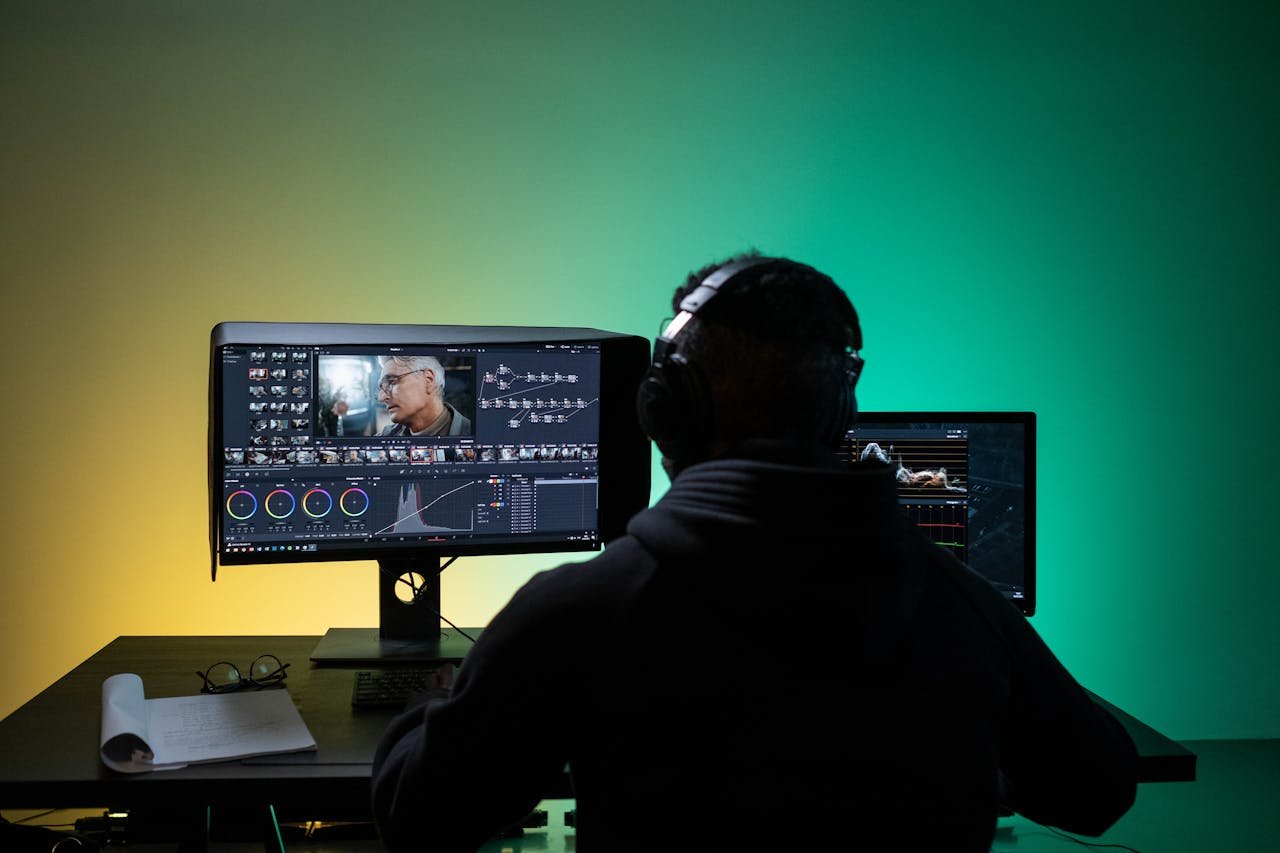 Home A video editor works on dual monitors with headphones, focusing on color correction.
